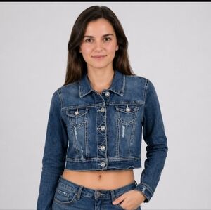 AMETHYST Distressed Bling Button Crop Jean Jacket Small